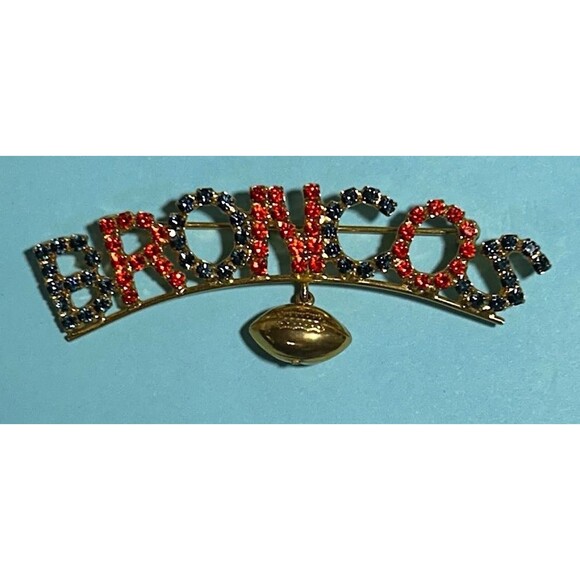 Denver Broncos 'BRONCOS' Bling 3 inch Rhinestone Brooch w/football - Picture 1 of 2